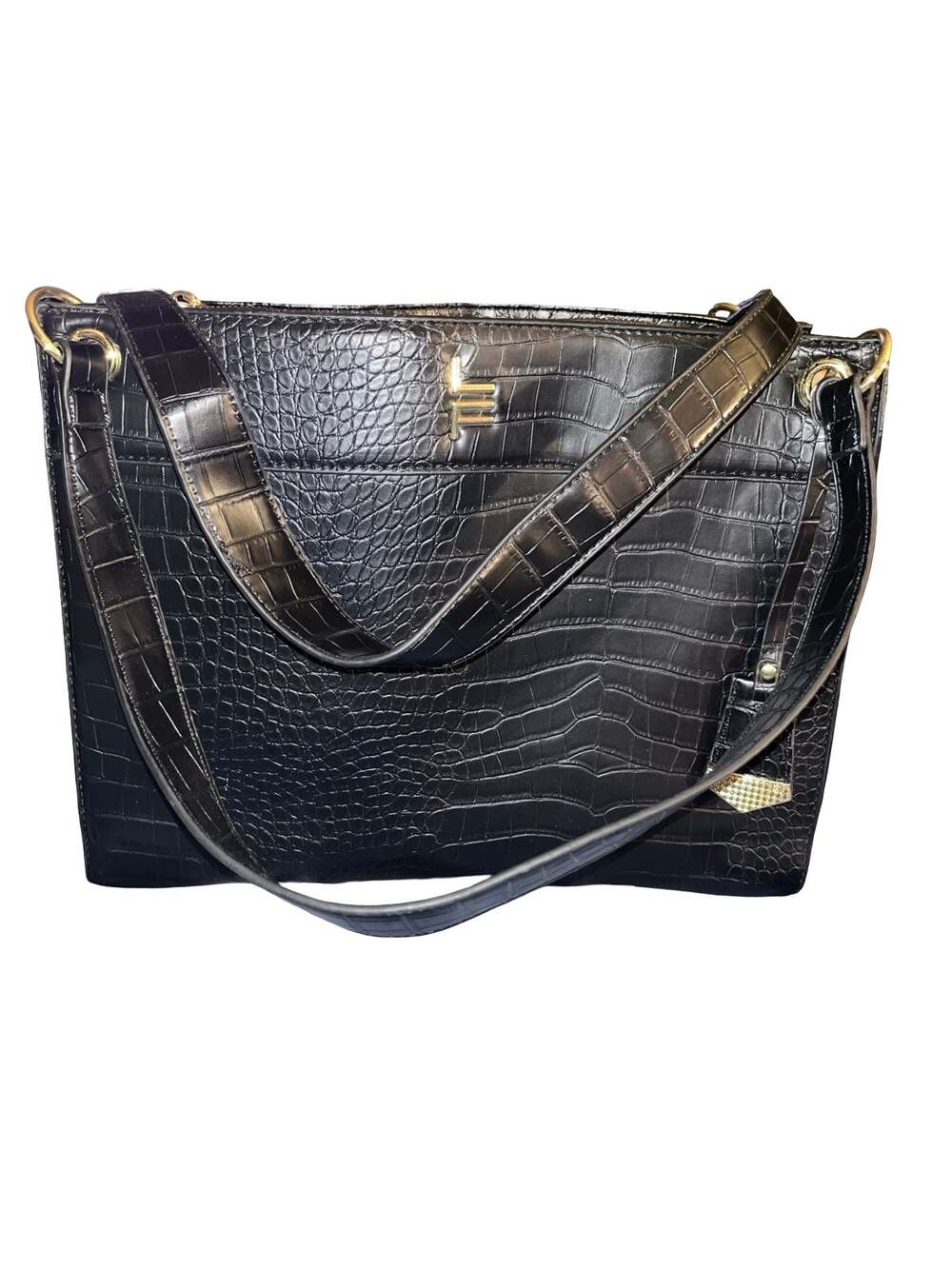 London Fog Collection Black Croc-Embossed Shoulder Bag